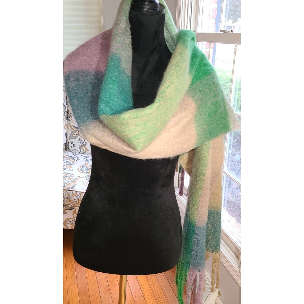 Scarf Wide Fuzzy Soft Pastel Plaid Fringed Wrap 74 x 20 inch Pink Green Purple